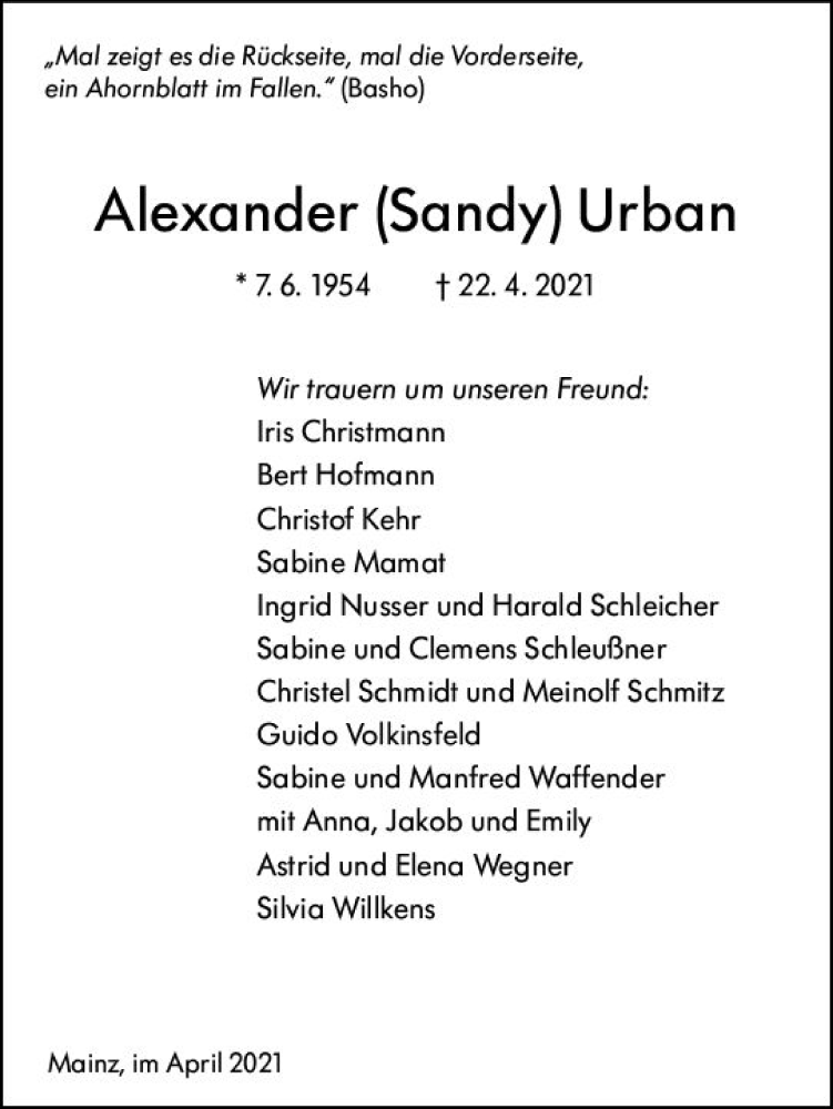  Traueranzeige für Alexander Urban vom 30.04.2021 aus vrm-trauer