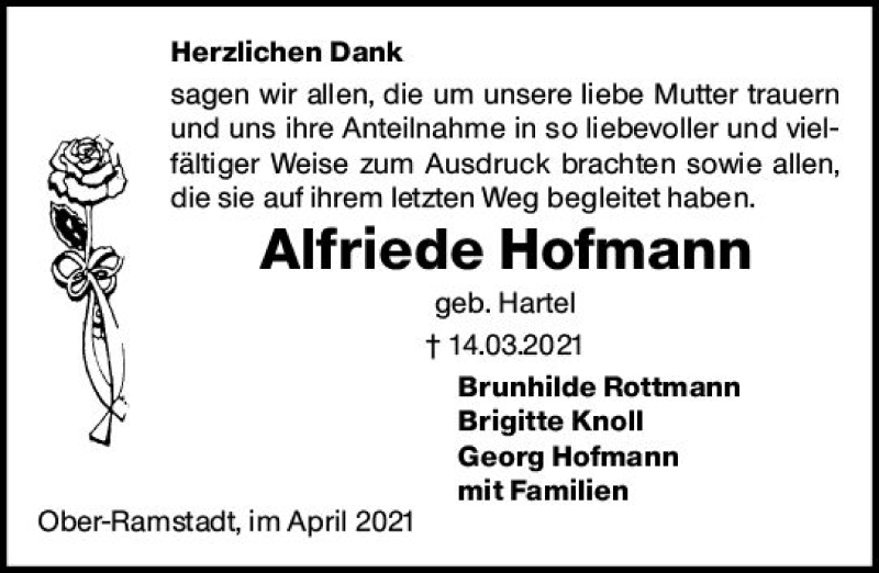  Traueranzeige für Alfriede Hofmann vom 17.04.2021 aus vrm-trauer