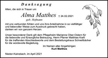 Traueranzeige von Alma Matthes von vrm-trauer