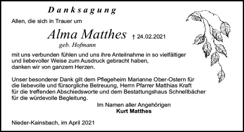  Traueranzeige für Alma Matthes vom 17.04.2021 aus vrm-trauer