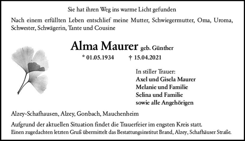  Traueranzeige für Alma Mauerer vom 17.04.2021 aus vrm-trauer