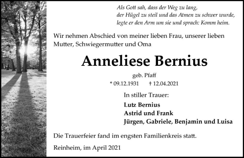  Traueranzeige für Anneliese Bernius vom 30.04.2021 aus vrm-trauer