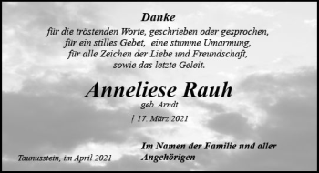 Traueranzeige von Anneliese Rauh von vrm-trauer