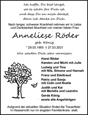 Traueranzeige von Anneliese Röder von vrm-trauer