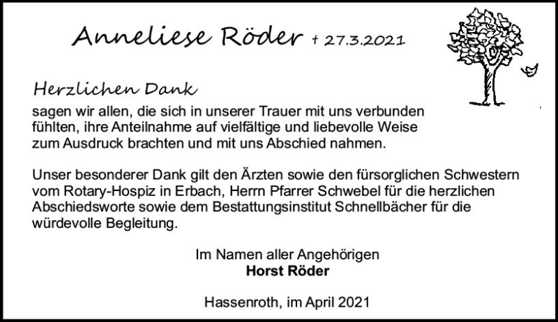 Traueranzeige für Anneliese Röder vom 30.04.2021 aus vrm-trauer