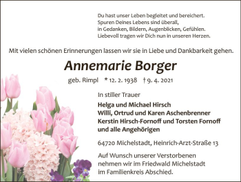 Traueranzeige von Annemarie Borger von vrm-trauer