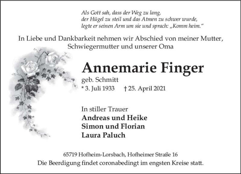  Traueranzeige für Annemarie Finger vom 30.04.2021 aus vrm-trauer