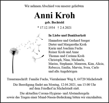 Traueranzeige von Anni Kroh von vrm-trauer