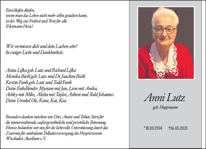  Traueranzeige für Anni Lutz vom 03.04.2021 aus vrm-trauer