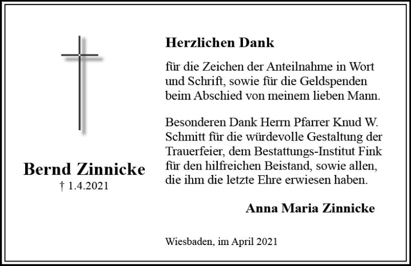  Traueranzeige für Bernd Zinnicke vom 30.04.2021 aus vrm-trauer