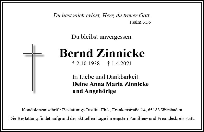  Traueranzeige für Bernd Zinnicke vom 10.04.2021 aus vrm-trauer