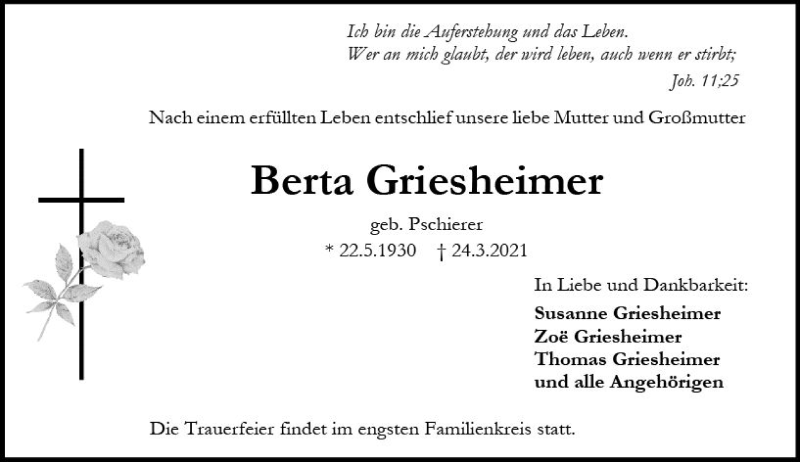  Traueranzeige für Berta Griesheimer vom 03.04.2021 aus vrm-trauer