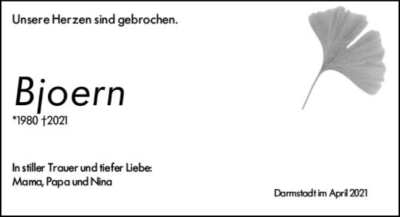  Traueranzeige für Bjoern  vom 27.04.2021 aus vrm-trauer