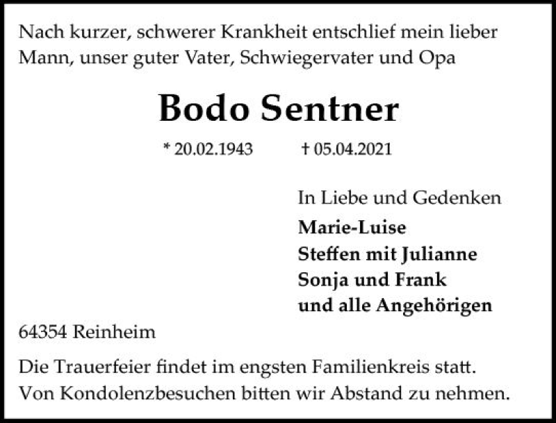  Traueranzeige für Bodo Sentner vom 10.04.2021 aus vrm-trauer