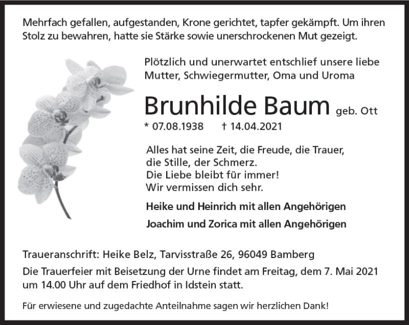  Traueranzeige für Brunhilde Baum vom 24.04.2021 aus vrm-trauer