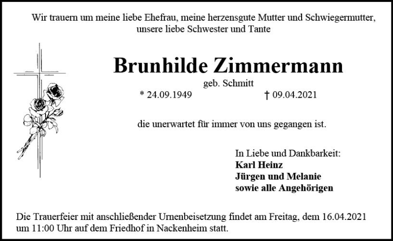  Traueranzeige für Burnhilde Zimmermann vom 13.04.2021 aus vrm-trauer