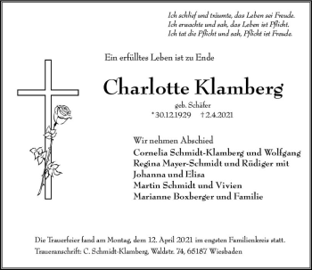 Traueranzeige von Charlotte Klambeg von vrm-trauer