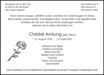 Traueranzeige von Christel Amlung von vrm-trauer