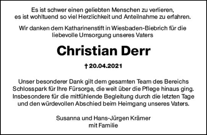  Traueranzeige für Christian Derr vom 24.04.2021 aus vrm-trauer