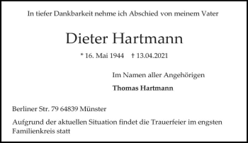 Traueranzeige von Dieter Hartmann von vrm-trauer