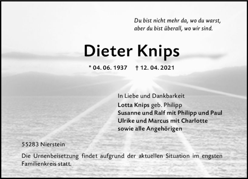  Traueranzeige für Dieter Knips vom 24.04.2021 aus vrm-trauer