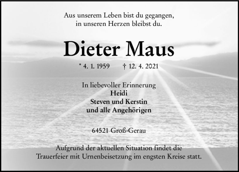  Traueranzeige für Dieter Maus vom 17.04.2021 aus vrm-trauer