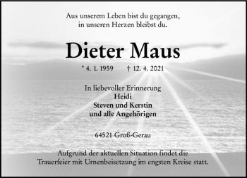 Traueranzeige von Dieter Maus von vrm-trauer