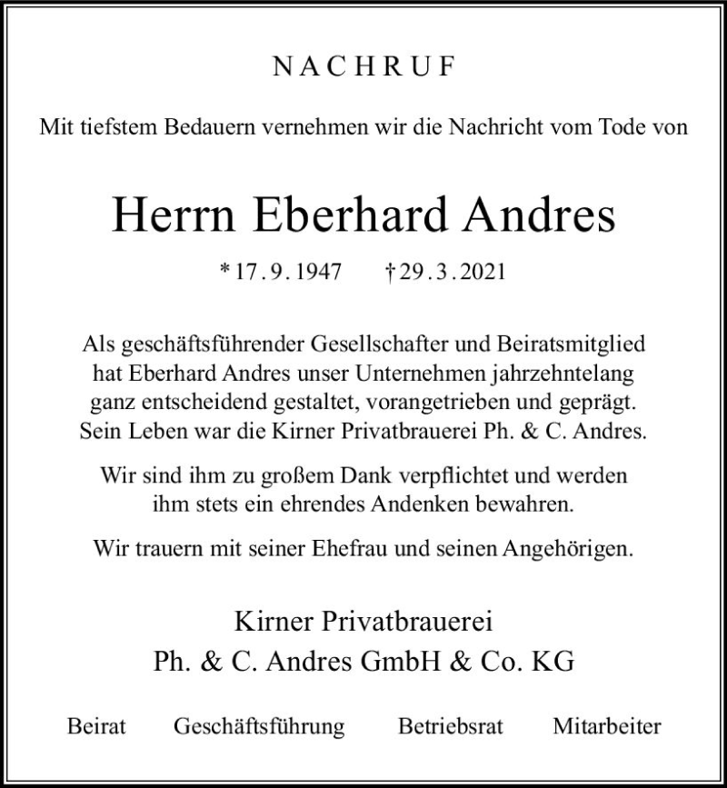  Traueranzeige für Eberhard Andres vom 09.04.2021 aus vrm-trauer
