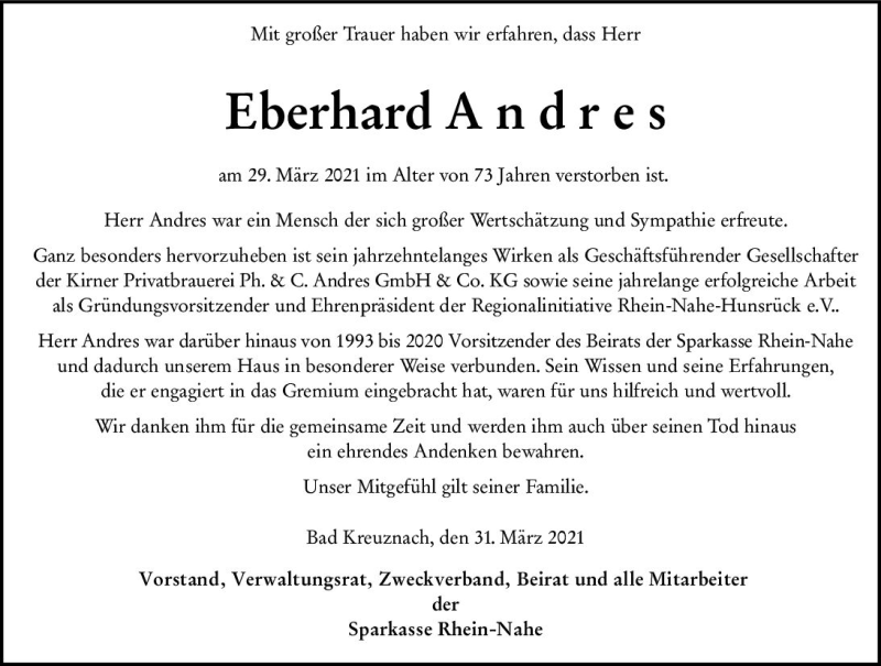  Traueranzeige für Eberhard Andres vom 08.04.2021 aus vrm-trauer