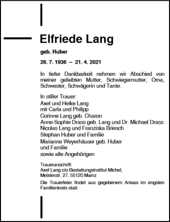 Traueranzeige von Elfriede Lang von vrm-trauer