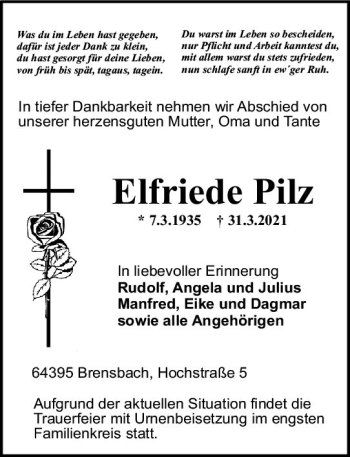 Traueranzeige von Elfriede Pilz von vrm-trauer