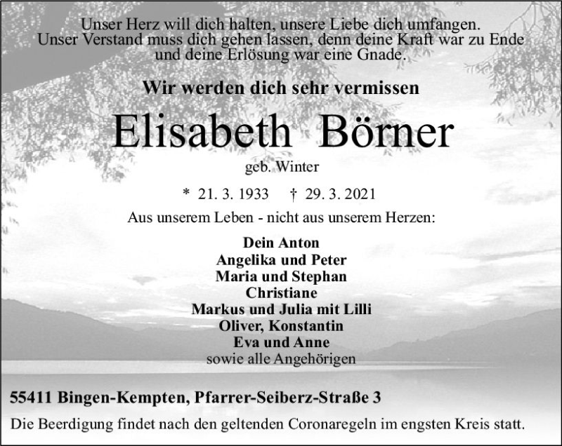  Traueranzeige für Elisabeth Börner vom 03.04.2021 aus vrm-trauer