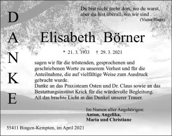 Traueranzeige von Elisabeth Börner von vrm-trauer
