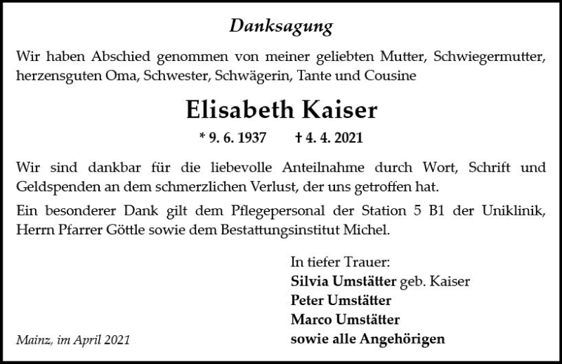  Traueranzeige für Elisabeth Kaiser vom 30.04.2021 aus vrm-trauer