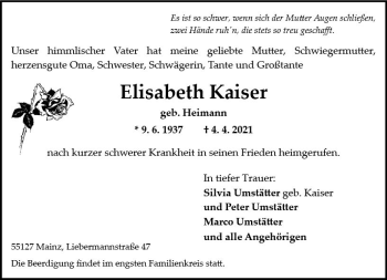 Traueranzeige von Elisabeth Kaiser von vrm-trauer