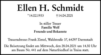 Traueranzeige von Ellen H. Schmidt von vrm-trauer