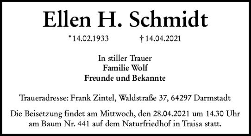  Traueranzeige für Ellen H. Schmidt vom 21.04.2021 aus vrm-trauer