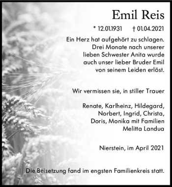 Traueranzeige von Emil Reis von vrm-trauer