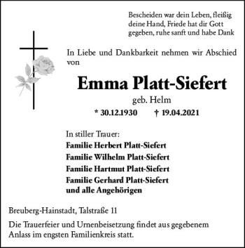 Traueranzeige von Emma Platt-Siefert von vrm-trauer