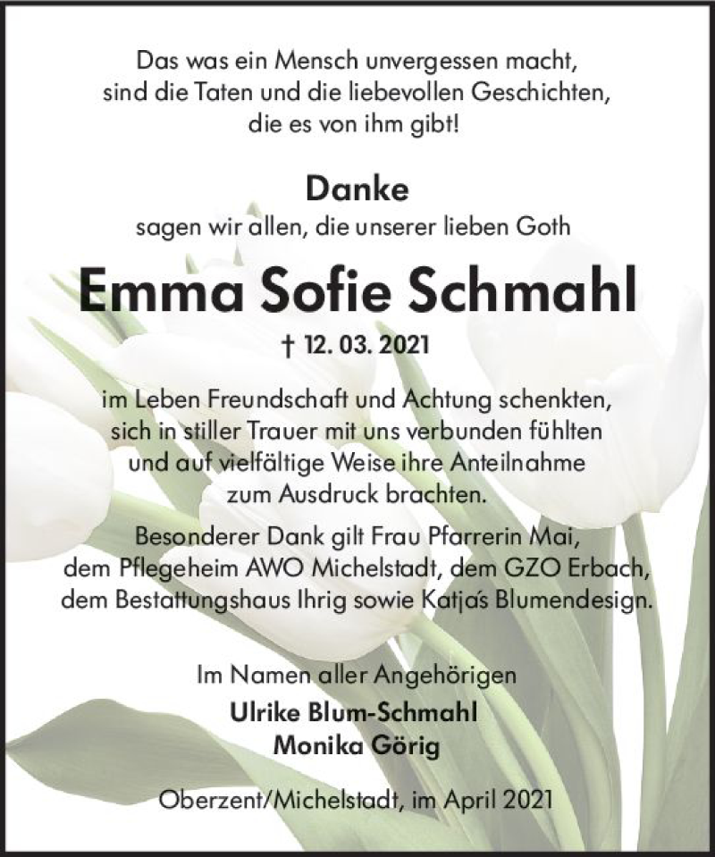  Traueranzeige für Emma Sofie Schmahl vom 10.04.2021 aus vrm-trauer