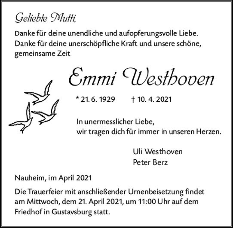  Traueranzeige für Emmi Westhoven vom 17.04.2021 aus vrm-trauer