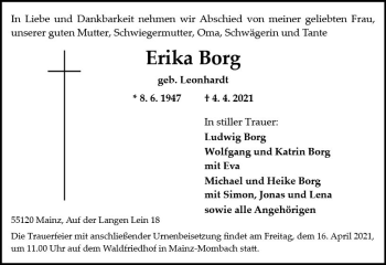 Traueranzeige von Erika Borg von vrm-trauer