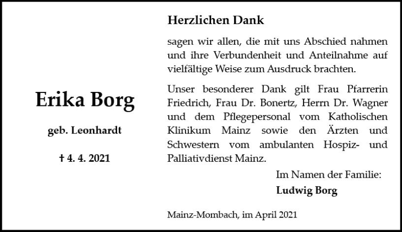  Traueranzeige für Erika Borg vom 30.04.2021 aus vrm-trauer