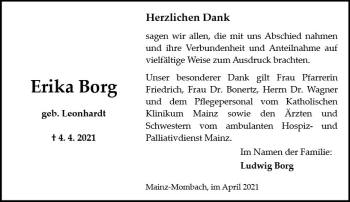 Traueranzeige von Erika Borg von vrm-trauer