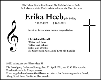 Traueranzeige von Erika Heeb von vrm-trauer