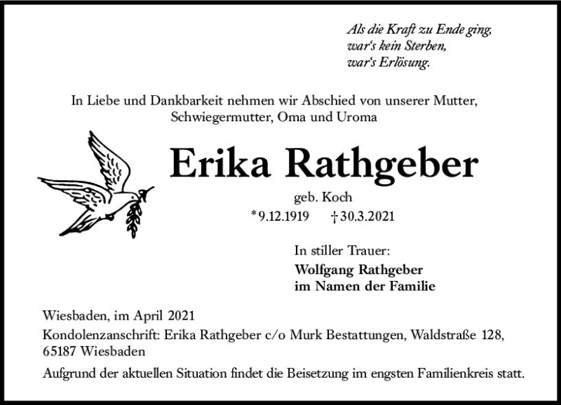  Traueranzeige für Erika Rathgeber vom 10.04.2021 aus vrm-trauer