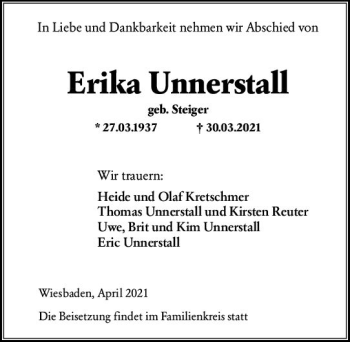 Traueranzeige von Erika Unnerstall von vrm-trauer