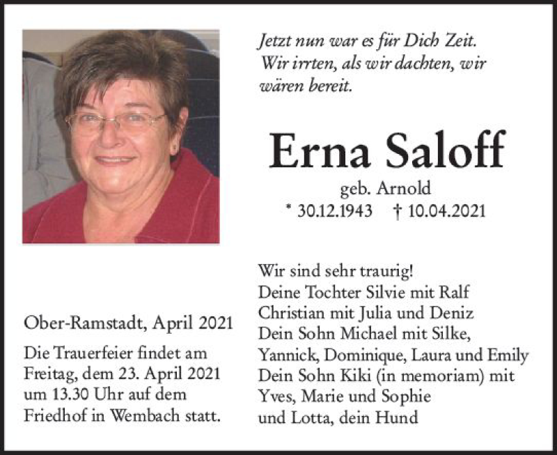  Traueranzeige für Erna Saloff vom 17.04.2021 aus vrm-trauer