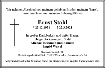 Traueranzeige von Ernst Stahl von vrm-trauer