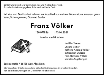 Traueranzeige von Franz Völker von vrm-trauer